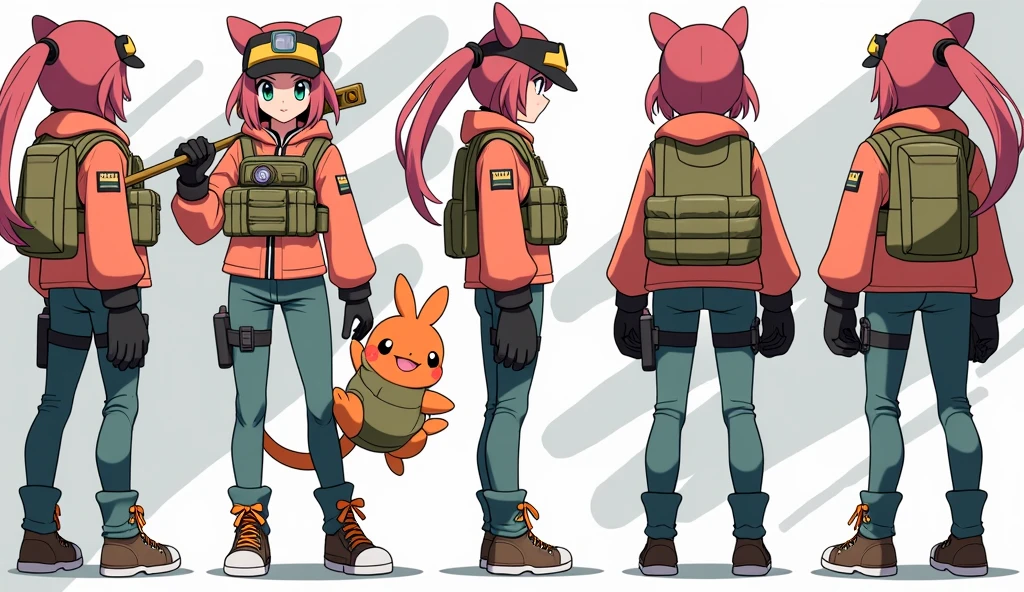 Sonia,pokemon,Standing Girl, cute, 1 girl, , 4-sided design, Diagonals, front, back, profile, Head to body ratio 5, character sheet, whole body, simple background, Four perspectives, tactical gear, bulletproof vest, Good quality, high detail, researcher,Pokemon bowser,ultra detailed, masterpiece, best quality, aesthetic, detailed