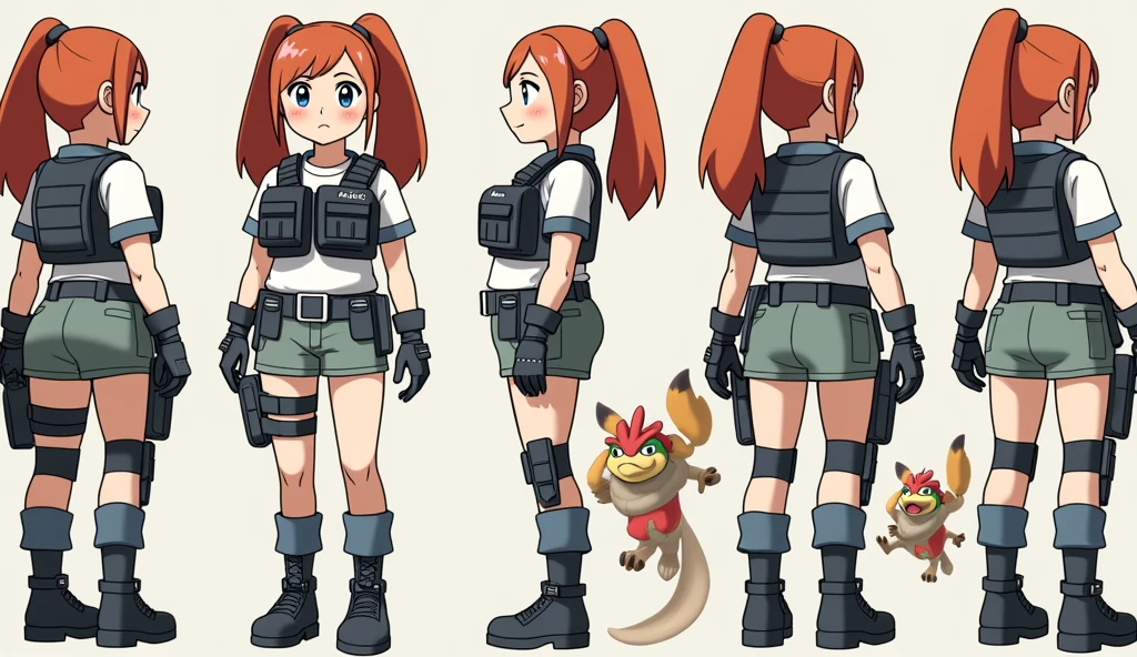 Sonia,pokemon,Standing Girl, cute, 1 girl, , 4-sided design, Diagonals, front, back, profile, Head to body ratio 5, character sheet, whole body, simple background, Four perspectives, tactical gear, bulletproof vest, Good quality, high detail, researcher,Pokemon bowser,ultra detailed, masterpiece, best quality, aesthetic, detailed