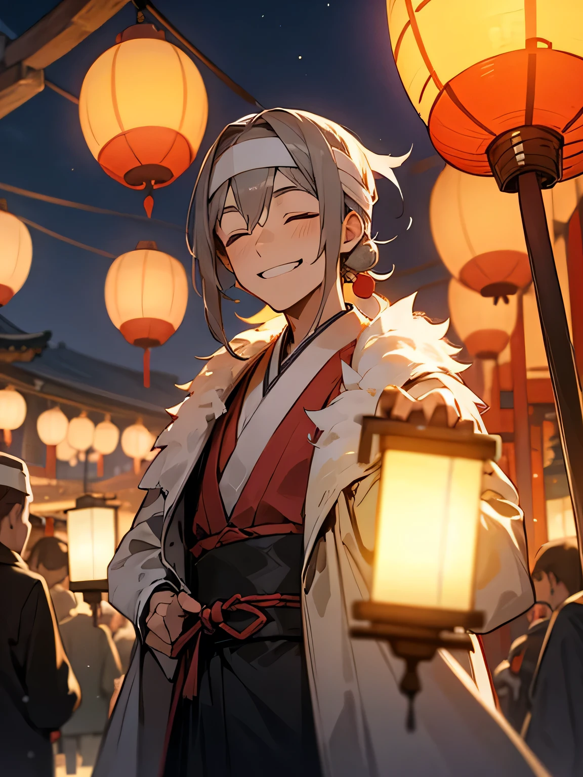 solo, upperbody, gray hair, happi coat, headband, man, closed eyes smile, grin, night festival, Japanese festival, lanterns, night shop street,