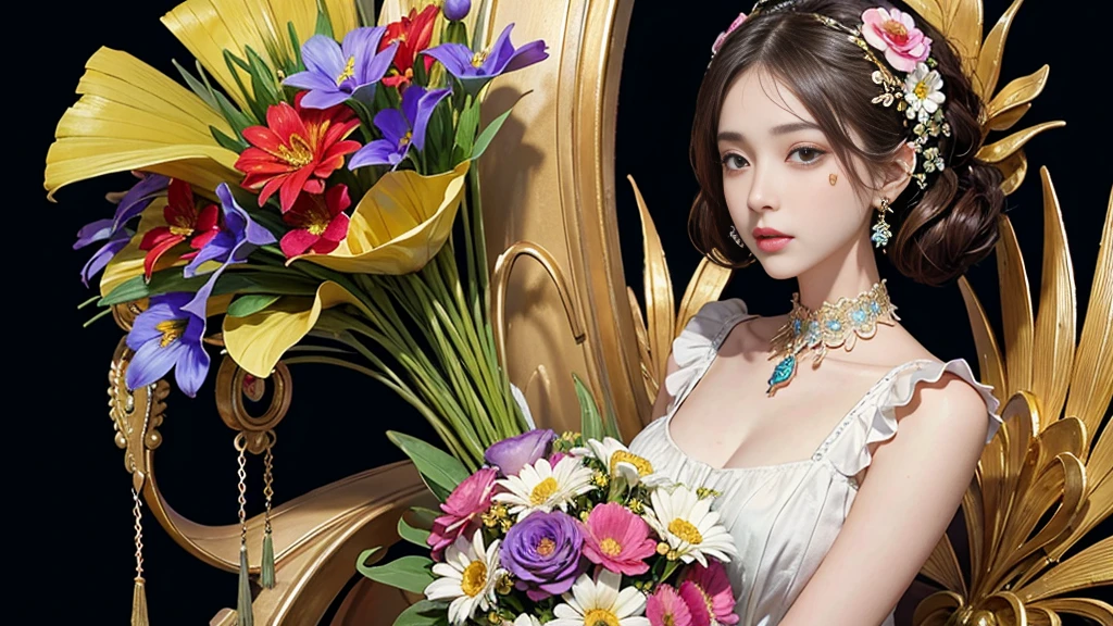 32K, Highest quality, 最高masterpiece, ((One person少女)), (masterpiece, Highest quality, Highest quality, Official Art, Beautiful and aesthetic: 1.2), High resolution, Super detailed, Very detailed, One person, (bouquet:1.3), (1 Flower), Upper body, Very detailed, (Fractal Art: 1.3), colorful, Most detailed, (Earrings Flower:1.5), Purple-red pale background, It's imaginative., Brunette Hair, 