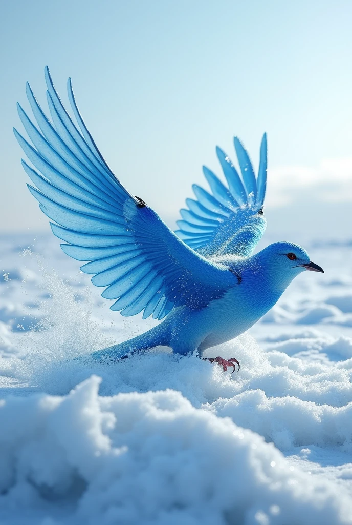 A blue bird flying in a on ice land very cold