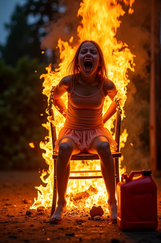 huge tall inferno engulfing a screaming girl, she is screaming in agony as she burns to death, she is chained to a chair and entirely engulfed in flames, her arms are pulled behind her back, flames are wrapped around her body, her competitive dance costume is entirely on fire and severely charred, flames partially obscure her from view, fire is leaping off of her clothing, a kindling campfire burns fiercely directly below the chair sending fire flowing over the girl, smoky, closeup, patio backdrop, night, high key, red jerrycan nearby, terror and fear