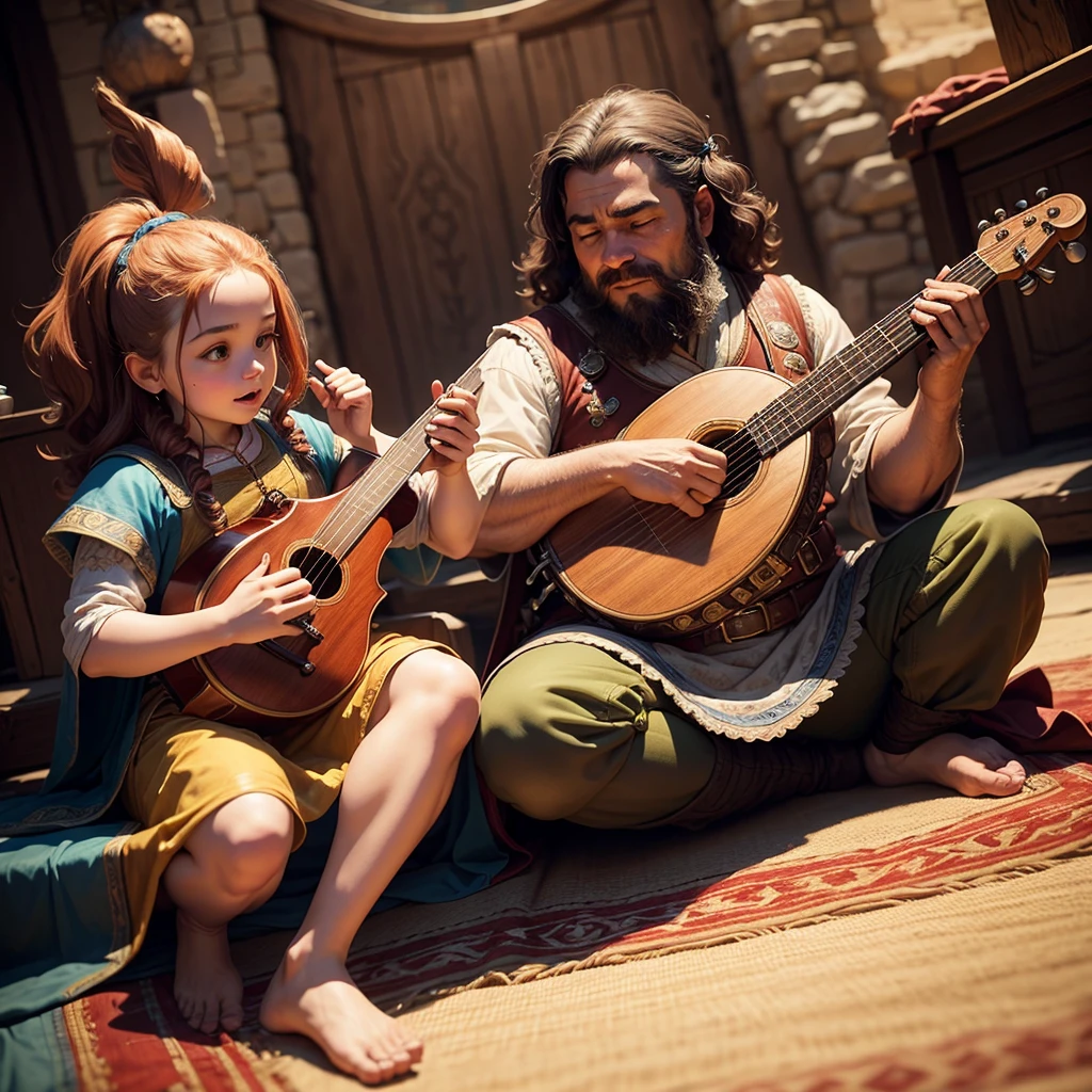 a bard playing the lute and a dwarf on a magic flying carpet