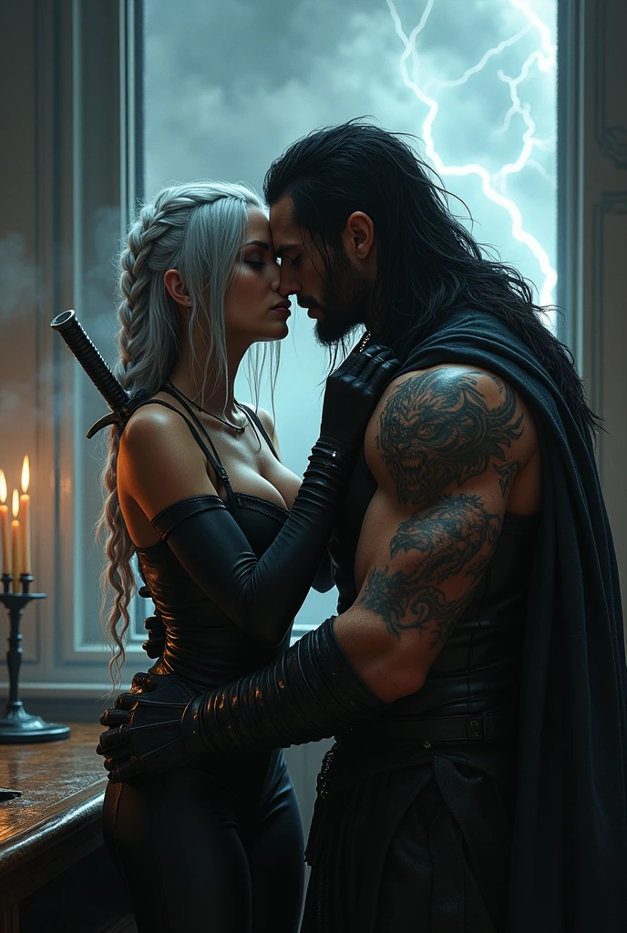 Create an image of a couple kissing at the desk, She has silver hair and an all-black fighting outfit with daggers on her body, he is strong and has a scar on his eye, tattoo of cuts all over his arm and a dragon tattoo covering his back, black clothes and thunder falls in the window. They are in a room. Hair cpm braids. He has black hair and shadows come out from behind him.. He looks like the actor from divergent 