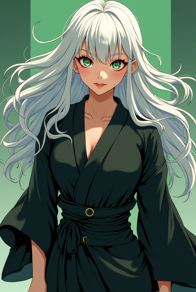 Manga woman white hair no bangs green eyes dressed in black badass wearing a kimono freckles