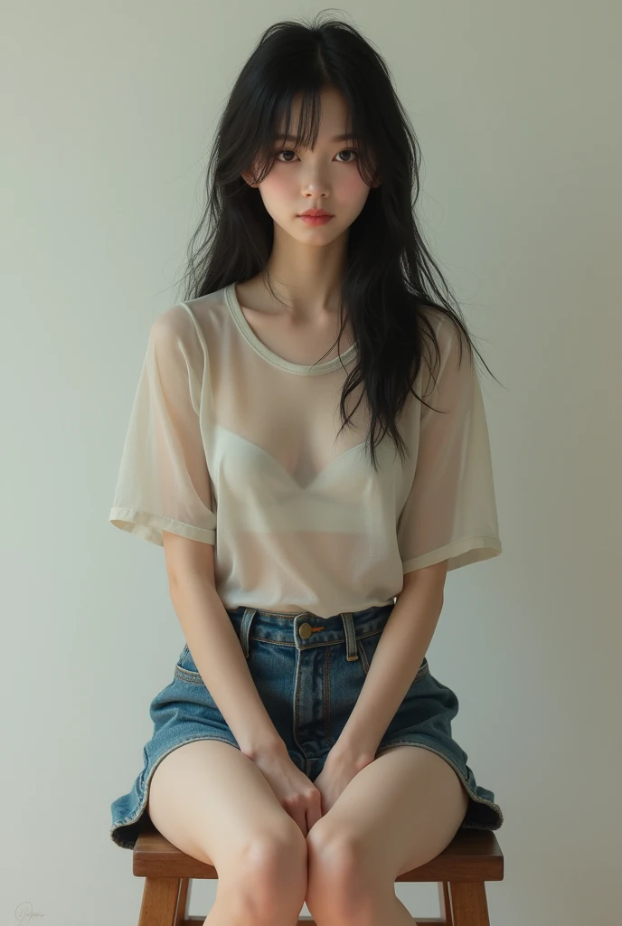 A Japanese girl with slim figure, wearing a transparent half sleeve t-shirt and a short jeans sitting on a chair