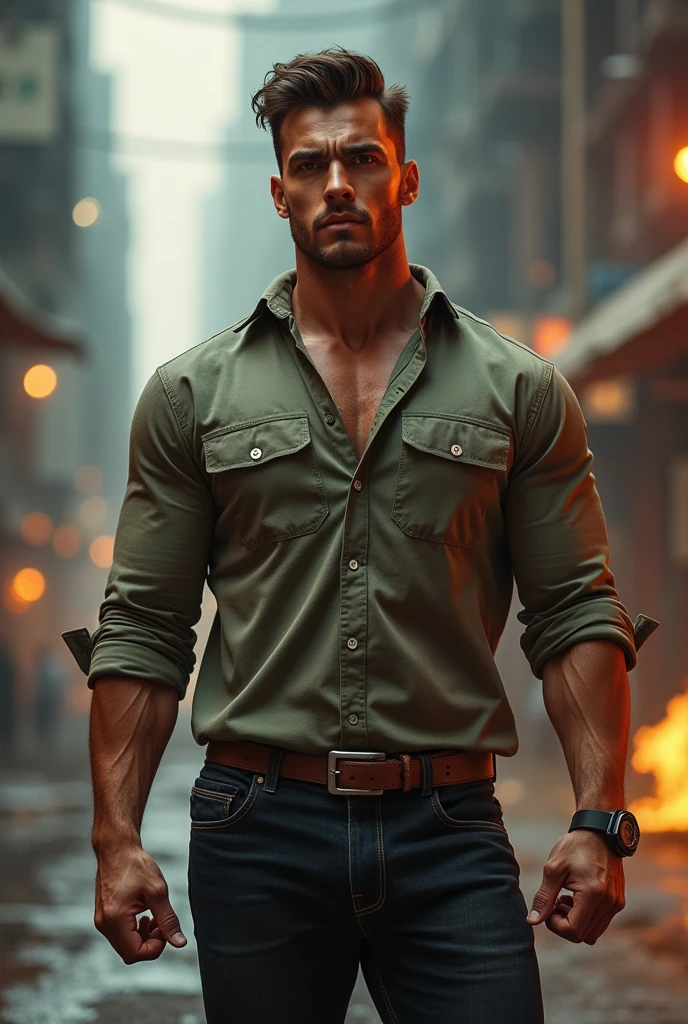 a muscular, charismatic man with a strong jawline, wearing casual clothes and posing confidently in a scene that resembles a movie set or an action-packed environment. Would you like me to proceed with that description? If you'd like to adjust any details, let me know!