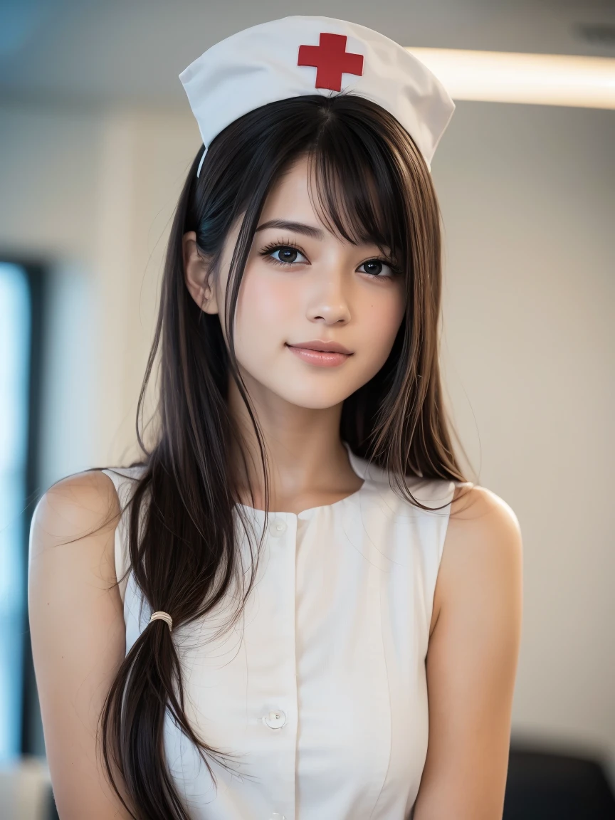 1. Pure Woman,(Wearing white nurse clothes:1.2),(RAW Photos, Highest quality), (Realistic, photo-Realistic:1.4), masterpiece, Two very delicate and beautiful women, Very detailed, Great Skin, Detailed face, Cool smile、Clean look、 Sparkling eyes, double eyelid, Ample breasts、High resolution, Soft Light, Beautiful detailed girl, Very detailed eyes and face, Beautiful and sophisticated nose, nurse, Perfect Anatomy, Black Hair, Upstyle, nurse uniform, ((nurse cap)), hospital, clear, White Uniform, hospital room, ((High resolution)), short hair, bangs,Face Focus、