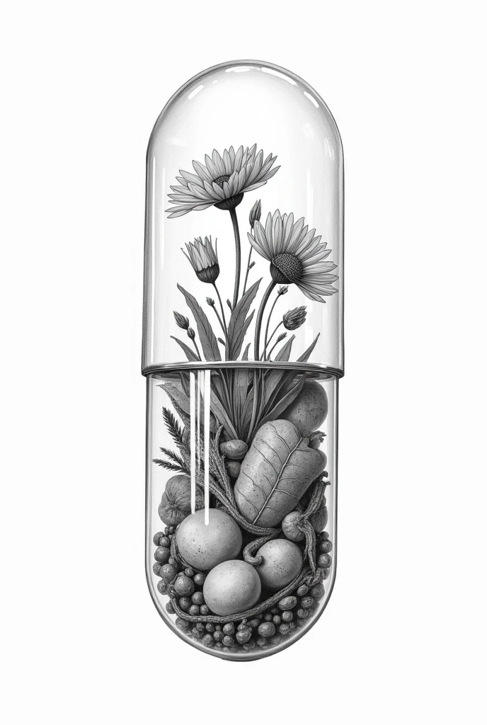 a sketch of medicinal plants inside a capsule