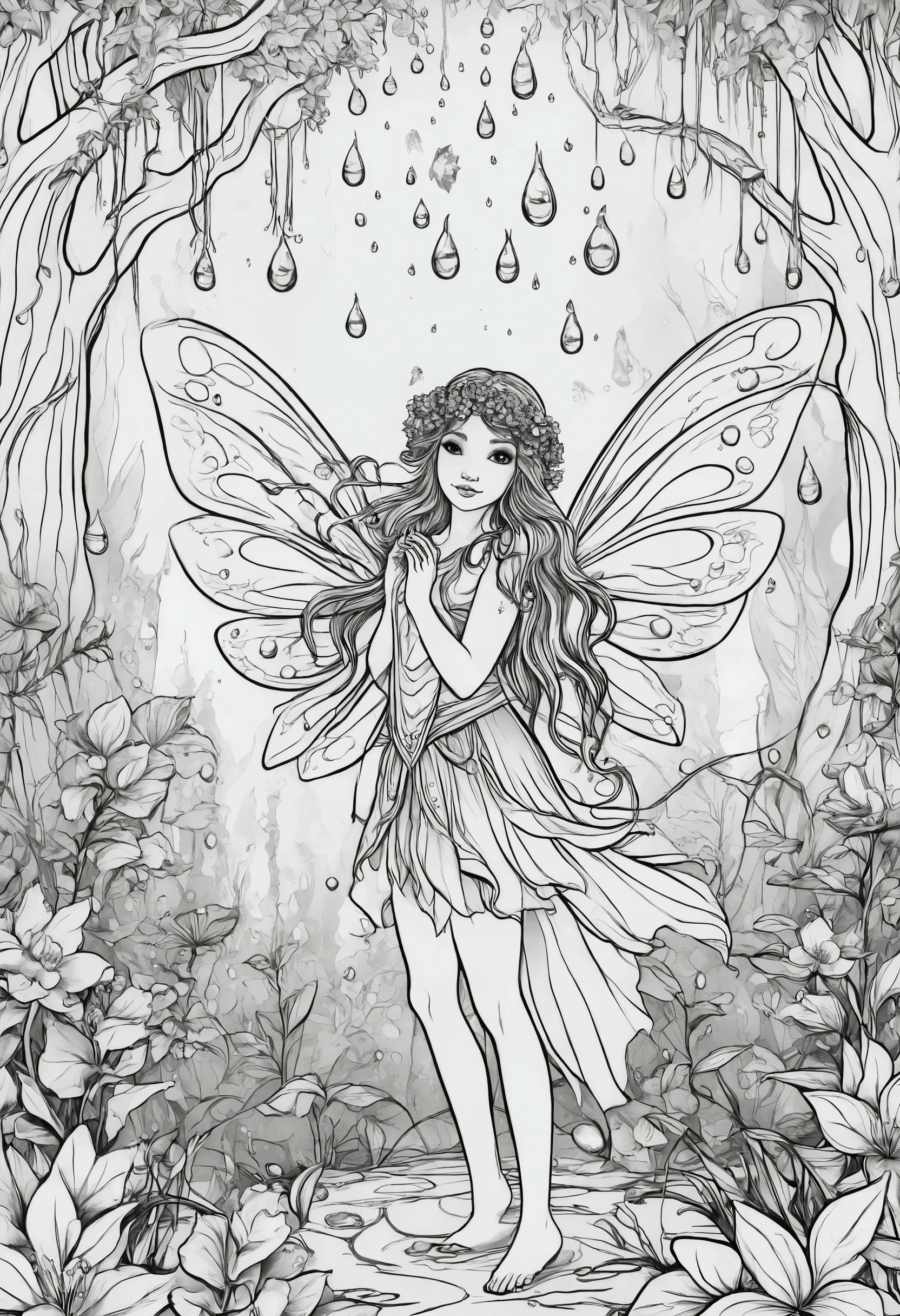 A fairy gathering dew drops from flowers in a mystical forest, for coloring pages, full white,clean line art, children's style, magic forest background, full body, Sketch style, playful style, childrens,coloring page, clean line art, white background, colouring page, clean outline