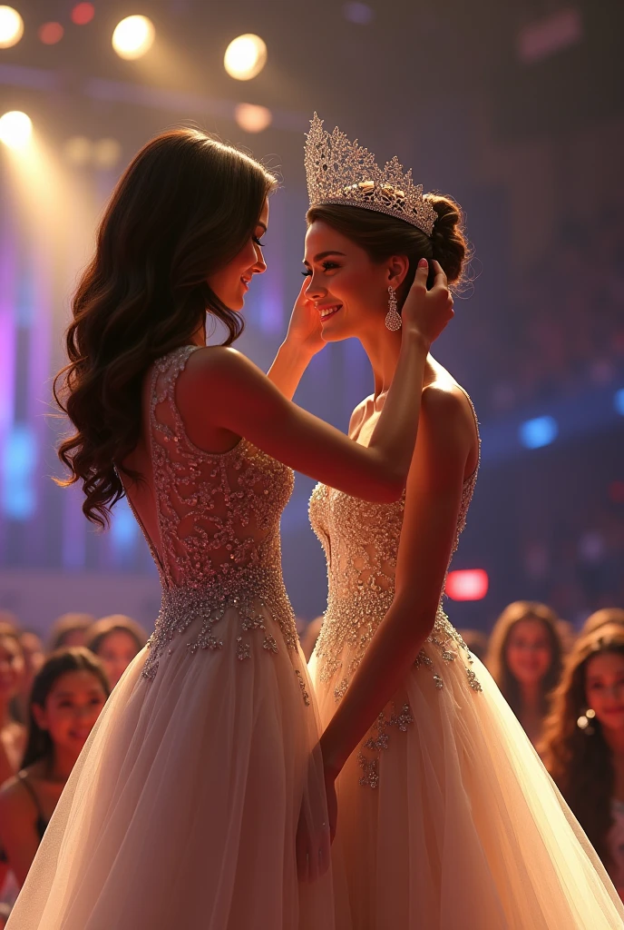 Crowning moment of miss Universe. Girl crowning girl from behind