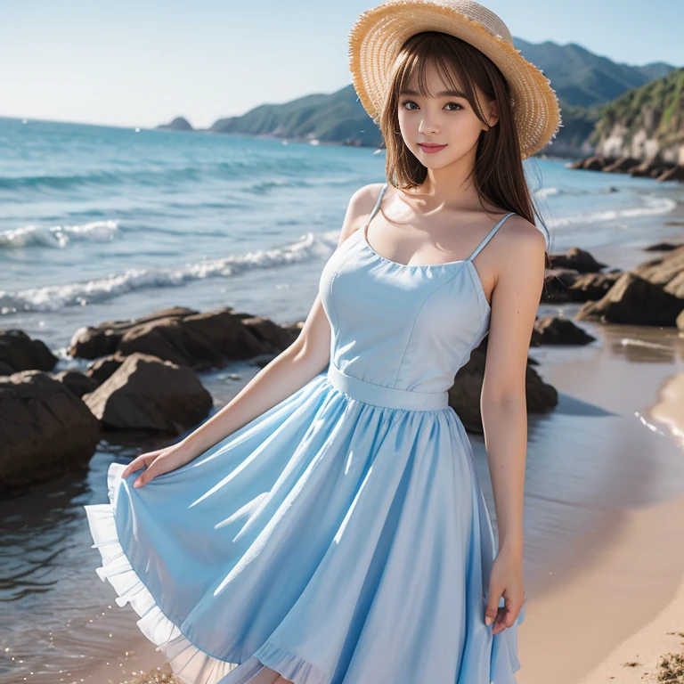 laughing out loud,(knee shot), 1 girl, light brown hair, blunt bangs, hair behind ears, Hair over the shoulders, long hair, Slender body type, Super thin face, face slimming, delicate lips, beautiful eyes, Thin blush, Eyes are light brown,Check it out here, (realistic:1.3), 8k, , Super detailed, high quality, best quality, High resolution, (Full breasts), 3, , (gauze skirt), (Tutu), wearing a light blue dress, Cute and elegant pose, (((Gauze puffy dress))), gauze skirt, five layer gauze skirt, There is petticoat inside the skirt,The dress is made of chiffon,Soft and fluffy dress, elegant, (Stand on the beach), wearing a straw hat, light blue dress,long skirt. hand on hat, chiffon dress, large breast, wear a f cup