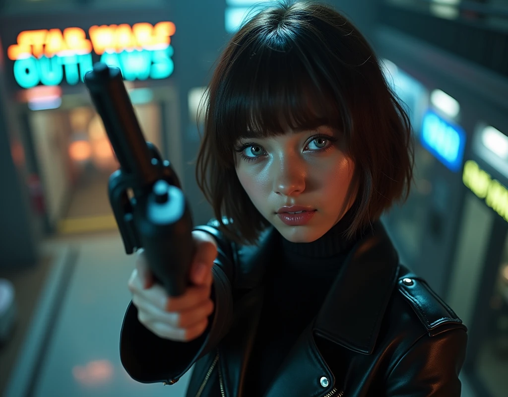 Captured from a high-angle, eye-level perspective, a medium-sized girl, dressed in a black leather jacket, holds a gun in her right hand. Her left hand is raised in the air, while her right arm rests on her hip. Her right arm is draped over her shoulder, adding a pop of color to the scene. The girl's hair is a dark brown, with bangs, and she's looking off to the side. Her eyes are a piercing blue, and her lips are a lighter shade of brown. Her hair is styled in a bob, with a slight smile on her face. The backdrop is blurred in the background there is 3D text that reads "Star Wars Outlaws" in the background at the top of the picture, creating a stark contrast to the girl.