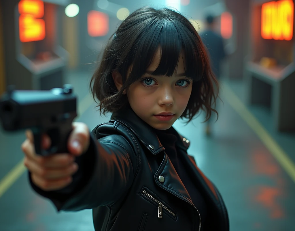 Captured from a high-angle, eye-level perspective, a medium-sized girl, dressed in a black leather jacket, holds a gun in her right hand. Her left hand is raised in the air, while her right arm rests on her hip. Her right arm is draped over her shoulder, adding a pop of color to the scene. The girl's hair is a dark brown, with bangs, and she's looking off to the side. Her eyes are a piercing blue, and her lips are a lighter shade of brown. Her hair is styled in a bob, with a slight smile on her face. The backdrop is blurred in the background there is 3D text that reads "Star Wars Outlaws" in the background at the top of the picture, creating a stark contrast to the girl.