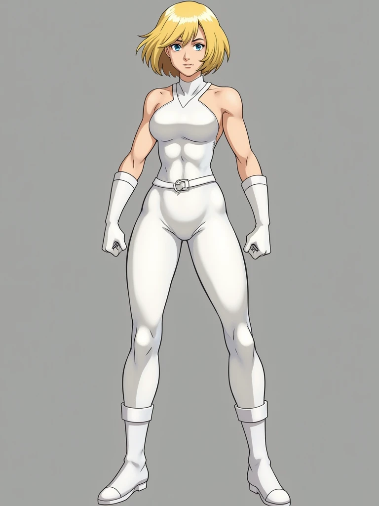 powergirl, 1 girl, artist request, waist belt, short blonde hair, white with possible cover sleeves, mitts, booties, no characteristic features, fully body, blue colored eyes, high resolution, gazing at viewer, Krypton, DC Comics, shorth hair, simple background, standing alone, Kara jor-El: Smell of Krypton,