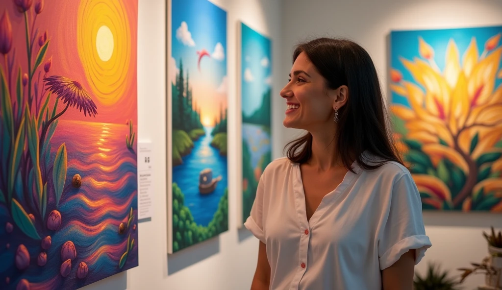 Background: A gallery setting or a display wall within her studio, showcasing Leena’s new, vibrant paintings. The artwork is alive with color and emotion, depicting various scenes that capture deep human experiences and the beauty of nature.

Style: Illustrative with bold, rich colors that pop, capturing the evolution of Leena’s artistic style. The lighting is bright and focused on the paintings, highlighting their new vibrancy and emotional depth.
Leena: Standing proudly in front of her displayed art, looking at the pieces with a fulfilled expression. She is neatly dressed, reflecting her renewed confidence and self-care. Her smile is genuine and content, showing her satisfaction not just with her art, but with herself. She holds the small stone in her hand or keeps it subtly visible, symbolizing the balance she has achieved
