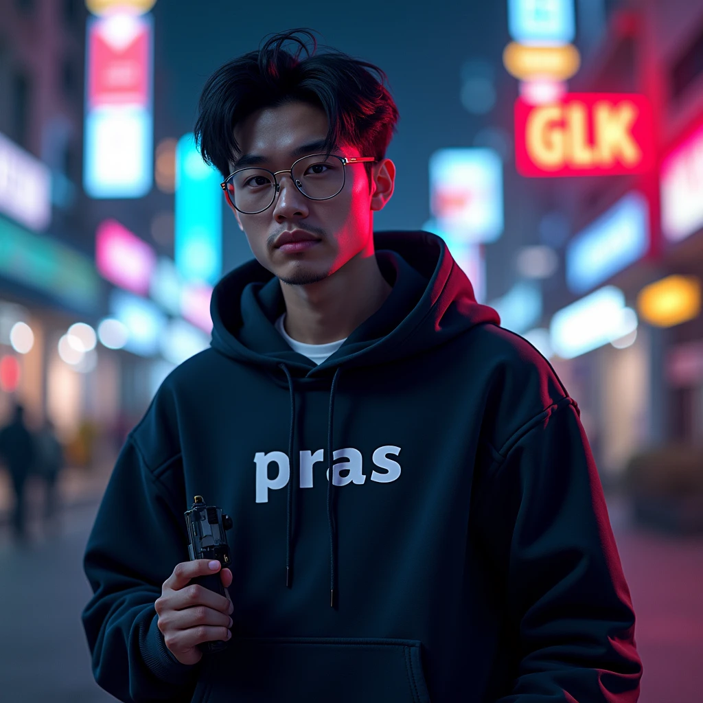 Create a character hoodie, {{background: text “GLBK”, jakarta night city}},
realistic, HDR, use glasses, handsome korean style, full body, use pistol, age 20, hoodie HD text: “PRAS”