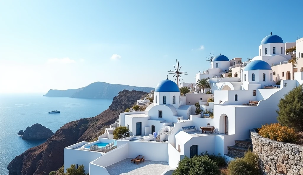 Mesa, Highest quality,masterpiece, In Santorini, Seaside Village,  (((Only houses and buildings with blue domes and white walls))), Low residential density town, (((Ocean Coral Barrier)))