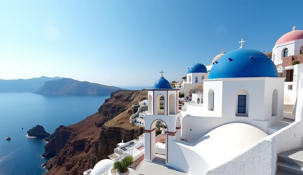 Mesa, Highest quality,masterpiece, In Santorini, Seaside Village, (((Only houses and buildings with blue domes and white walls))), Low residential density town, (((Ocean Coral Barrier)))