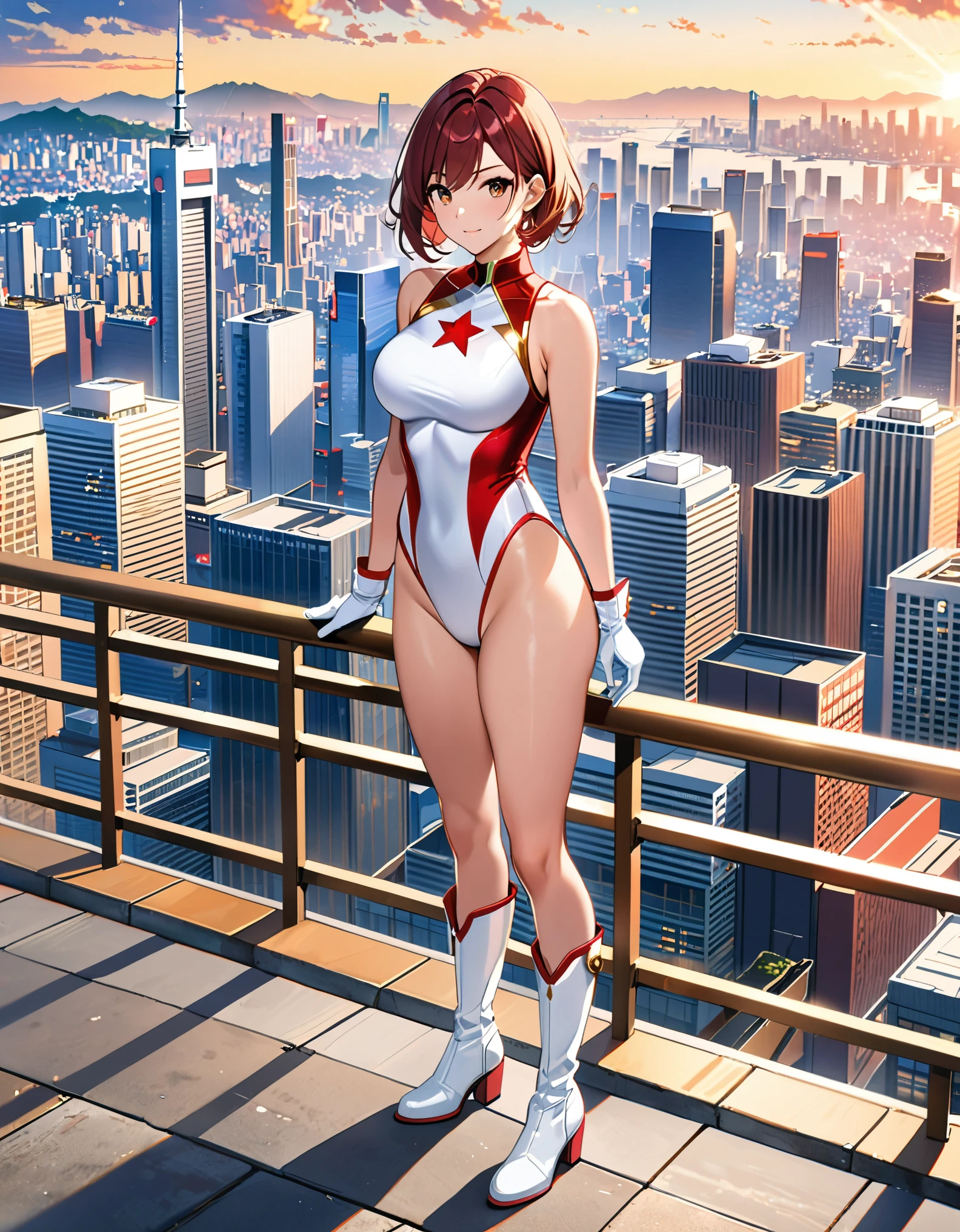 (masterpiece), (best quality), (high res), medium breasts, ((leotard, white and red leotard, matching leotard, sleeveless, bare legs)), ((tight belt, gold belt)), ((boots, matching boots, ankle-high boots, white boots)), ((gloves, white gloves)), city backdrop, tokyo city backdrop, solo, solo focus, standing, (full body), cowboy shot, superhero, ((beautiful detailed eyes)), ((gold star symbol on chest)), (brown hair, medium hair, bob hair, purple eyes), (perfect hands, perfect anatomy), cowboy shot, superhero, ((beautiful detailed eyes)), full body costume design.