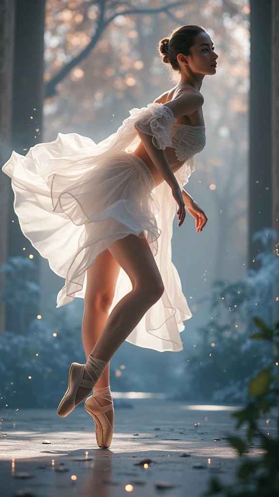arafed woman in a white dress and ballet shoes posing for a picture, ballerina, pointe pose, ballet dancer, dressed as a ballerina, pointè pose, ballet style pose, ballet pose, tendu pose, ballet, prima ballerina, wearing a tutu, playful pose of a dancer, classic dancer striking a pose, portrait of a ballerina, anna nikonova, high quality, (RAW photo, best quality), (realistic, photorealistic: 1.4), (extremely delicate and beautiful: 1.4), amazing, fine details, masterpiece, ultra detailed, high resolution, best illustration, best shadow, intricate, ( extremely intricate: 1.2), (exquisitely detailed skin), cinematic light, perfect anatomy, (cool color: 1.4), sharp focus, 8k UHD, DSLR, (Fujifilm XT3),(iluminación cinematográfica :1.4), (partículas flotantes, agua mágica:1.4), (fondo agua lago río hielo congelado :1.4), (fondo colored glass background blue :1.4), (white smoke spiral in a black reflective waters:1.4),( Red Glitter), (SDS_Particle_Flow) ,