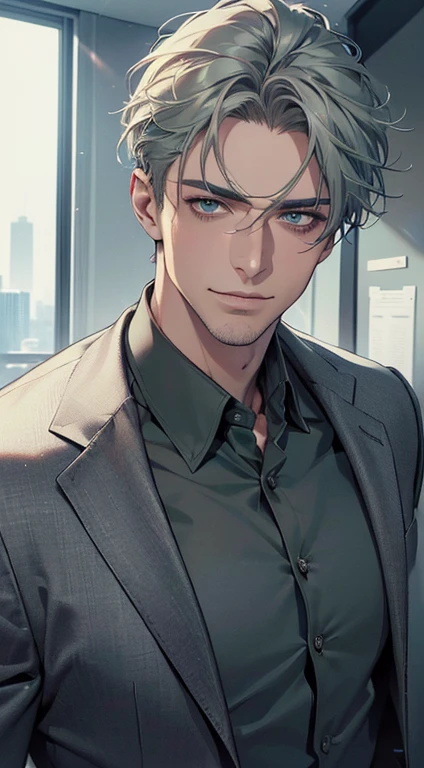(best quality,4k,8k,highres,masterpiece:1.2),ultra-detailed,(realistic,photorealistic,photo-realistic:1.37),1 man,3,mature man,very handsome,without expression,smile,short grey green hair,blue eyes,penetrating gaze,perfect face without errors,imposing posture,businessman,office background,cinematic lighting,hdr image
