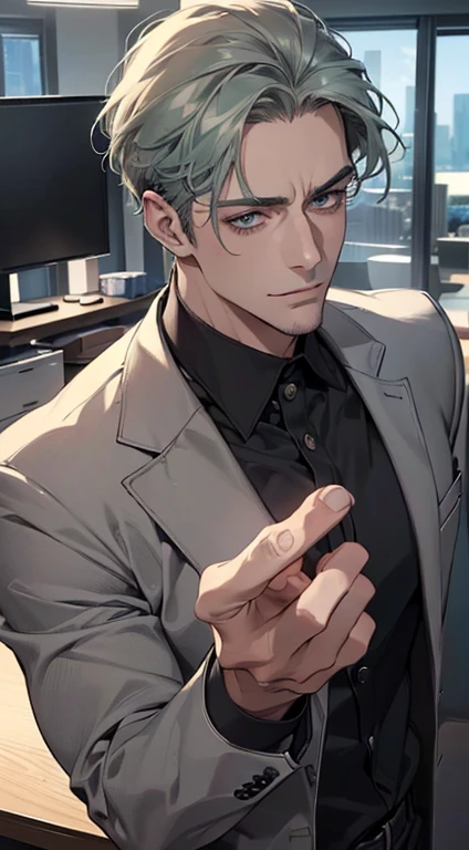 (best quality,4k,8k,highres,masterpiece:1.2),ultra-detailed,(realistic,photorealistic,photo-realistic:1.37),1 man,3,mature man,very handsome,without expression,smile,short grey green hair,blue eyes,penetrating gaze,perfect face without errors,imposing posture,businessman,office background,cinematic lighting,hdr image