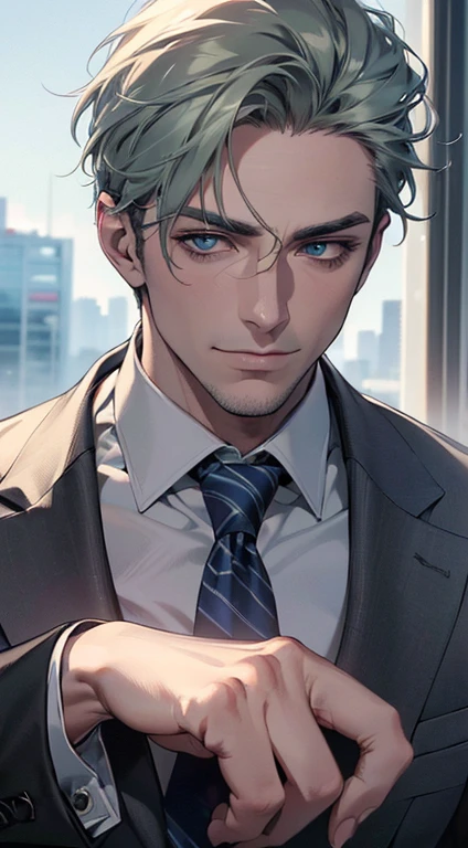 (best quality,4k,8k,highres,masterpiece:1.2),ultra-detailed,(realistic,photorealistic,photo-realistic:1.37),1 man,3,mature man,very handsome,without expression,smile,short grey green hair,blue eyes,penetrating gaze,perfect face without errors,imposing posture,businessman,office background,cinematic lighting,hdr image