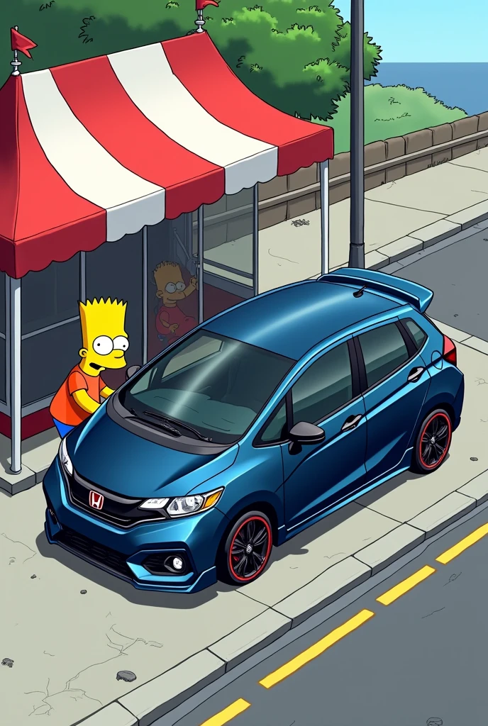 Make a picture of a 2018 Japanese version Honda Fit in dark blue with black lips and matching BSS rims. The car is in a marquee and there is Bart Simpson next to the car and everything is drawn in an isometric drawing in the Simpsons style.