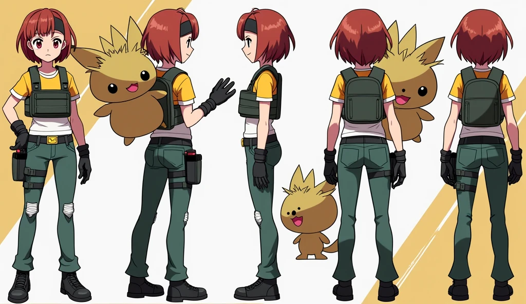 Sonia,pokemon,Standing Girl, cute, 1 girl, , 4-sided design, Diagonals, front, back, profile, Head to body ratio 5, character sheet, whole body, simple background, Four perspectives, tactical gear, bulletproof vest, Good quality, high detail, researcher,Pokemon bowser,ultra detailed, masterpiece, best quality, aesthetic, detailed