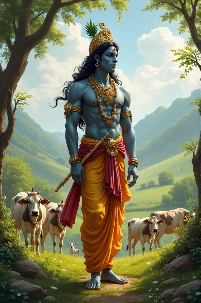 Lord krsna is standing there backside cows  with natural environment 