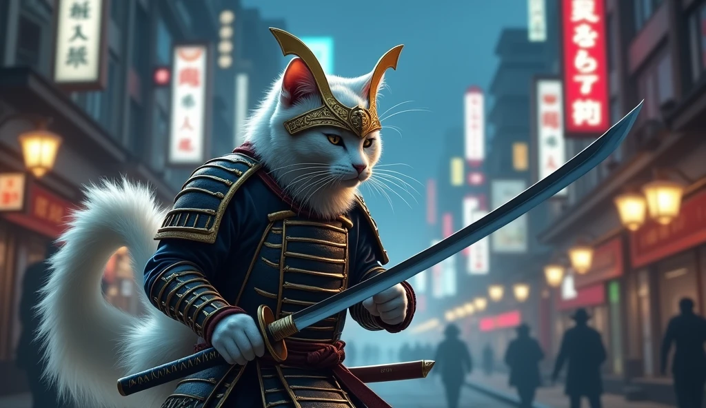 White cat in a samurai costume fighting in Tokyo at night, looking forward　Wearing a mask