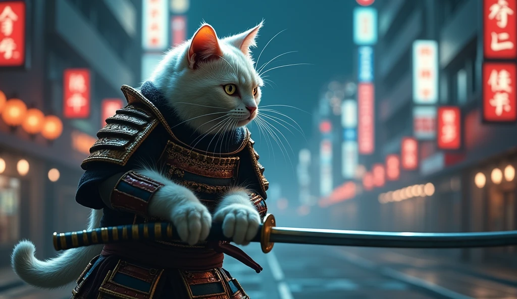 White cat in a samurai costume fighting in Tokyo at night, looking forward　Wearing a mask