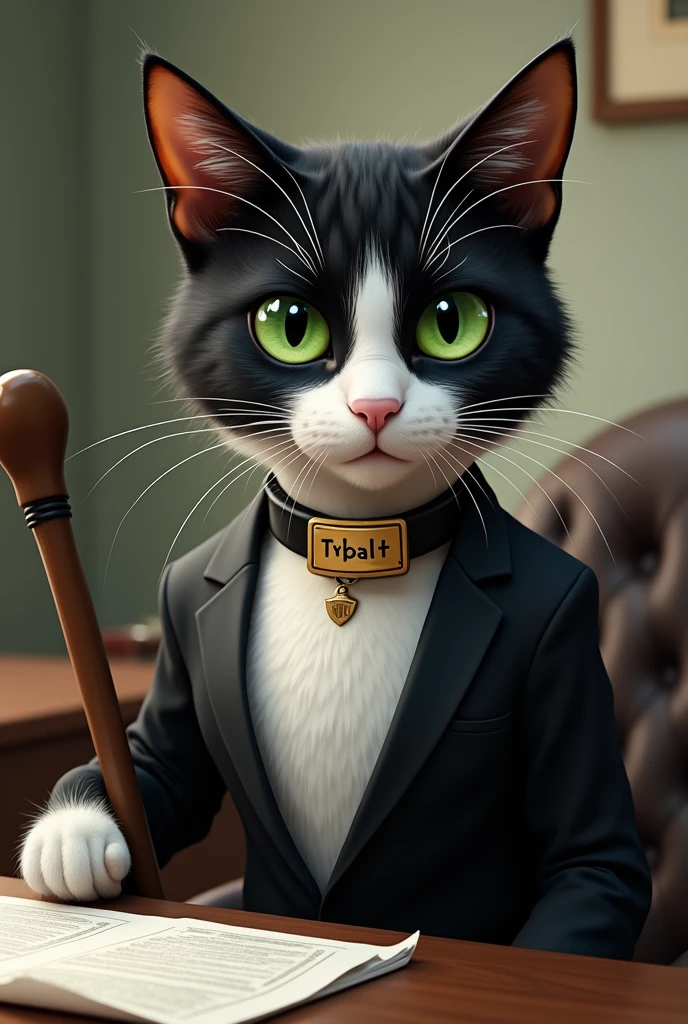 Un chat tuxedo aux yeux verts avec un collier où il est écrit Tybalt. Avec une béquille. En comptable.
