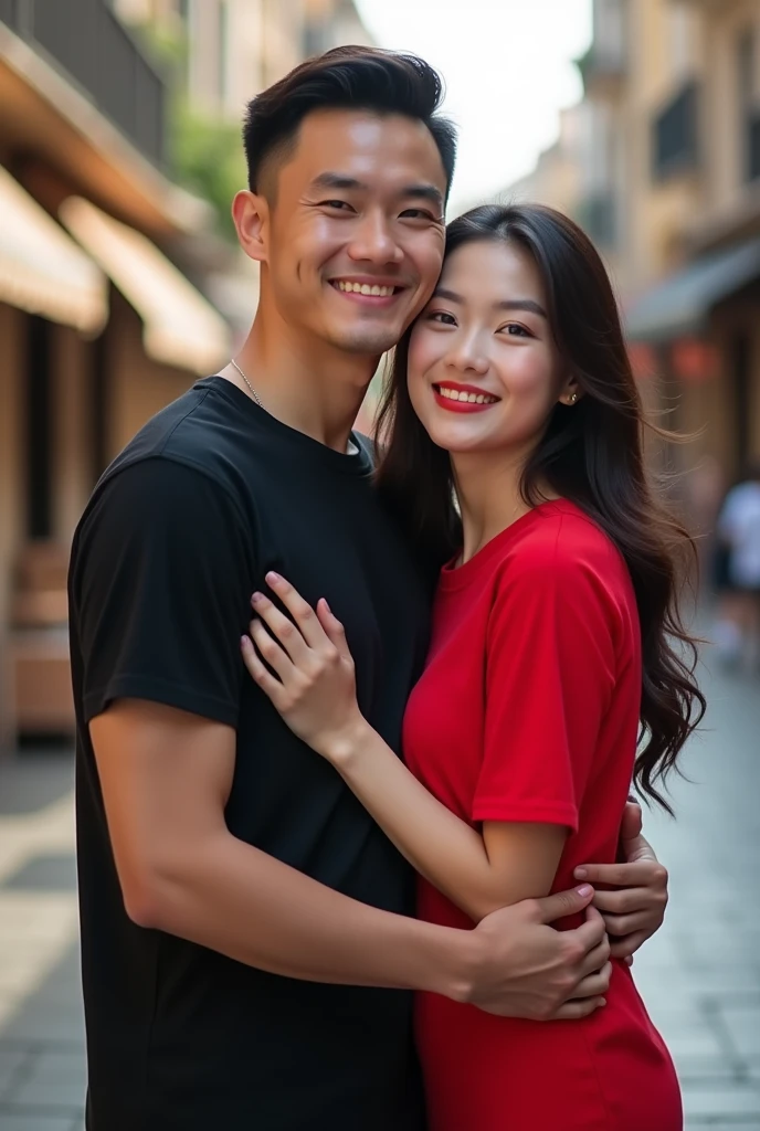 Chinese beautiful girl 23 years-old couple with an Indonesian man 40 years-old, 23 years-old girl as wife, 40 years-old man as her husband, the girl hug the man, the girl wearing red T-shirt, the girl red lips, the man wearing black T-shirt, the girl with the man stands in street city building, curvy body, thick body