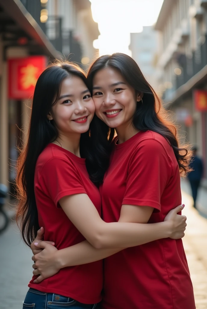 Chinese beautiful girl 23 years-old couple with an Indonesian man 40 years-old, 23 years-old girl as wife, 40 years-old man as her husband, the girl hug the man, the girl wearing red T-shirt, the girl red lips, the man wearing black T-shirt, the girl with the man stands in street city building, curvy body, thick body