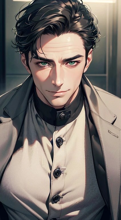 (best quality,4k,8k,highres,masterpiece:1.2),ultra-detailed,(realistic,photorealistic,photo-realistic:1.37),cinematic lighting,1:4 hdr image,a mature man, 2,very handsome,cold expression smile in love, short grey black hair, green eyes,flawless face,buttoning his jacket,CEO