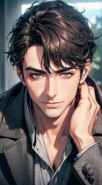 (best quality,4k,8k,highres,masterpiece:1.2),ultra-detailed,(realistic,photorealistic,photo-realistic:1.37),cinematic lighting,1:4 hdr image,a mature man, 2,very handsome,cold expression smile in love, short grey black hair, green eyes,flawless face,buttoning his jacket,CEO
