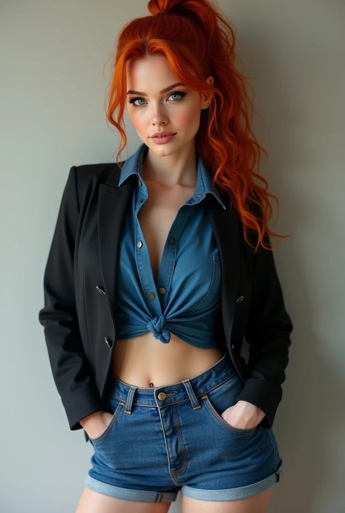 Redhead Woman with Big hips, blue shorts, black jacket and blue shirt with ponytail
