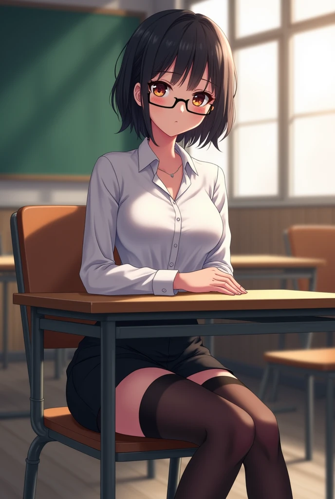 best quality, detailed), 1girl, solo, in classroom, sexy body, squinting, topaz, white shirt, black stockings, short black skirt, (horny face, ahegao face) glasses, Sitting in the desk,ANIME ART