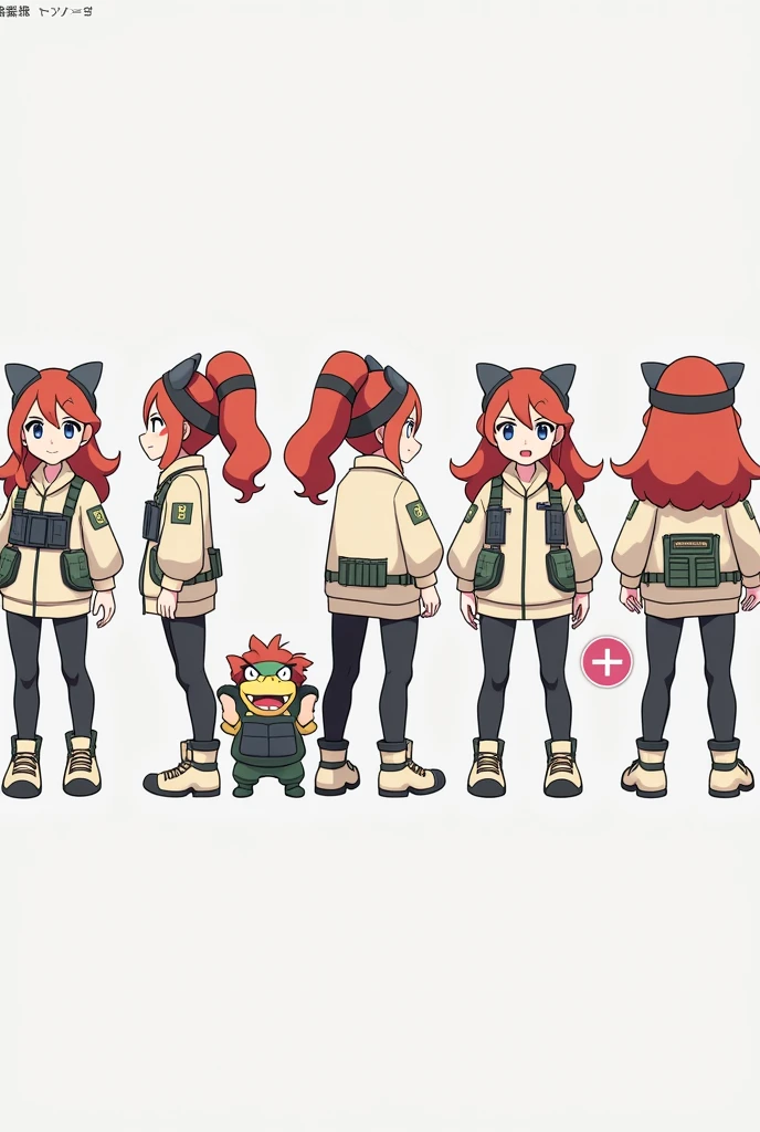 Sonia,pokemon,Standing Girl, cute, 1 girl, , 4-sided design, Diagonals, front, back, profile, Head to body ratio 5, character sheet, whole body, simple background, Four perspectives, tactical gear, bulletproof vest, Good quality, high detail, researcher,Pokemon bowser,ultra detailed, masterpiece, best quality, aesthetic, detailed