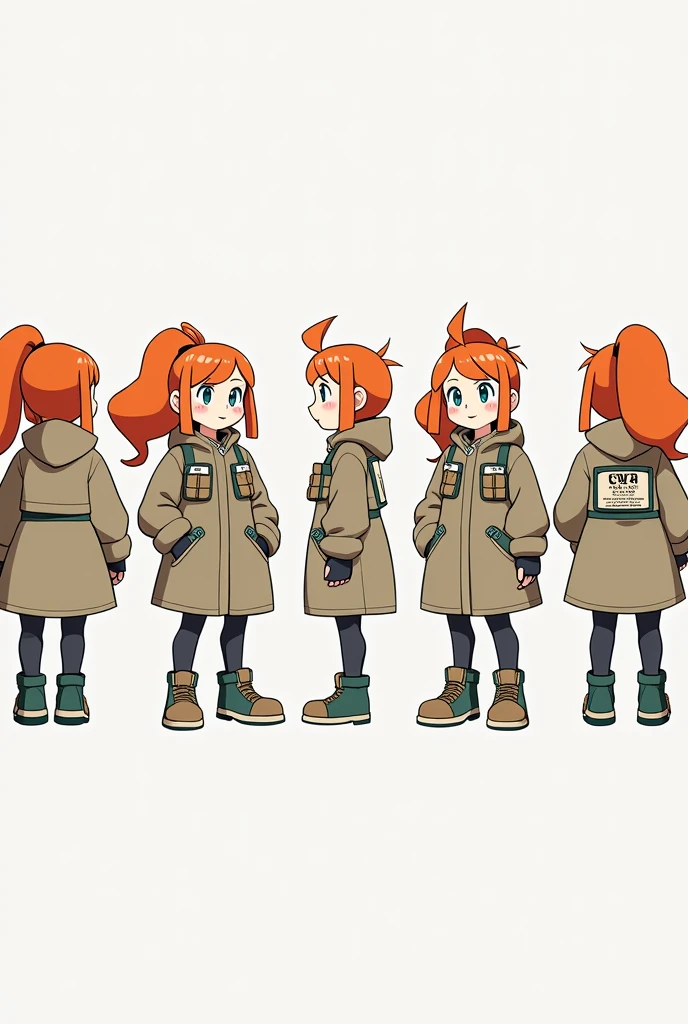 Sonia,pokemon,Standing Girl, cute, 1 girl, , 4-sided design, Diagonals, front, back, profile, Head to body ratio 5, character sheet, whole body, simple background, Four perspectives, tactical gear, bulletproof vest, Good quality, high detail, researcher,Pokemon bowser,ultra detailed, masterpiece, best quality, aesthetic, detailed