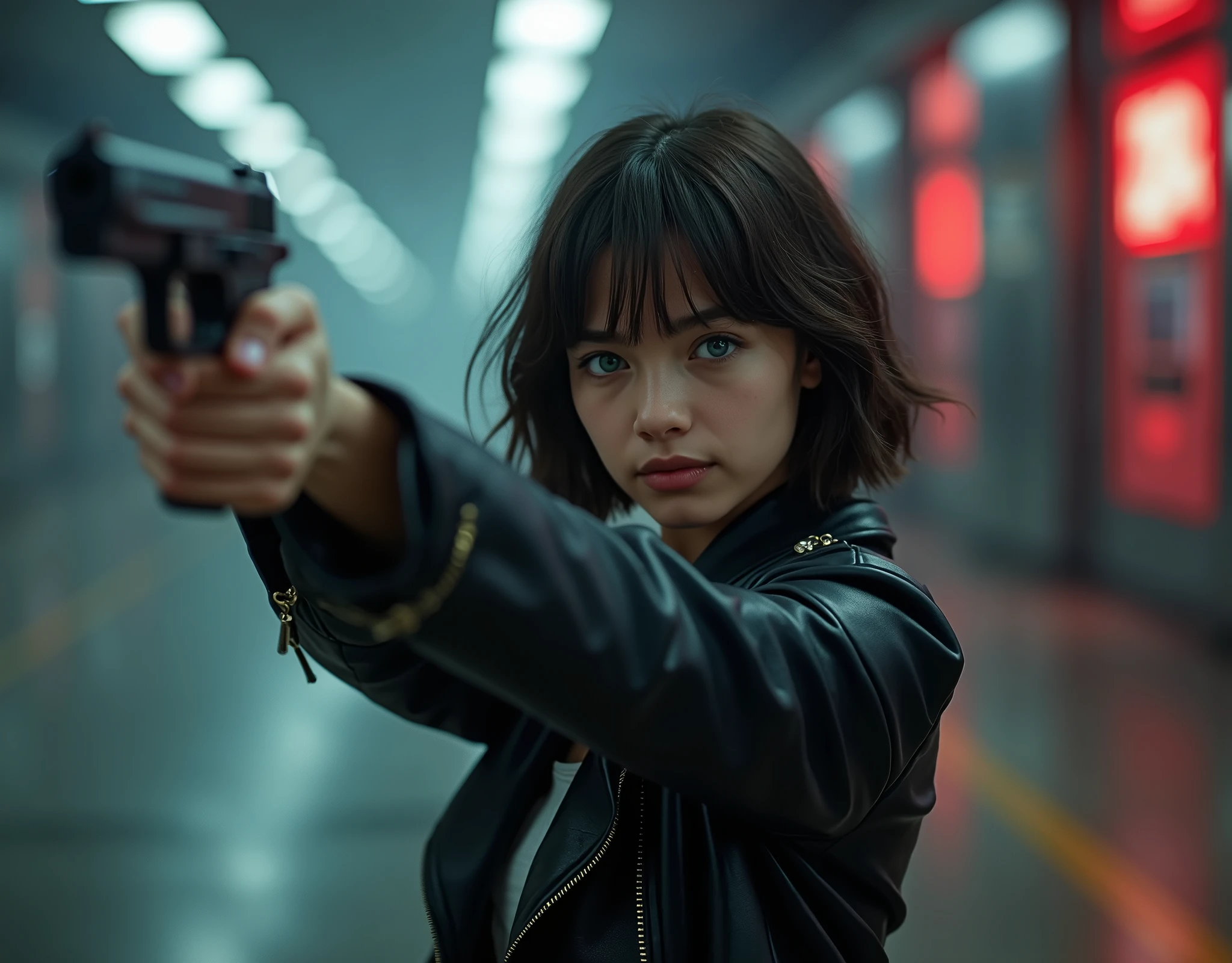 Captured from a high-angle, eye-level perspective, a medium-sized girl, dressed in a black leather jacket, holds a gun in her right hand. Her left hand is raised in the air, while her right arm rests on her hip. Her right arm is draped over her shoulder, adding a pop of color to the scene. The girl's hair is a dark brown, with bangs, and she's looking off to the side. Her eyes are a piercing blue, and her lips are a lighter shade of brown. Her hair is styled in a bob, with a slight smile on her face. The backdrop is blurred in the background there is 3D text that reads "Star Wars Outlaws" in the background at the top of the picture, creating a stark contrast to the girl.