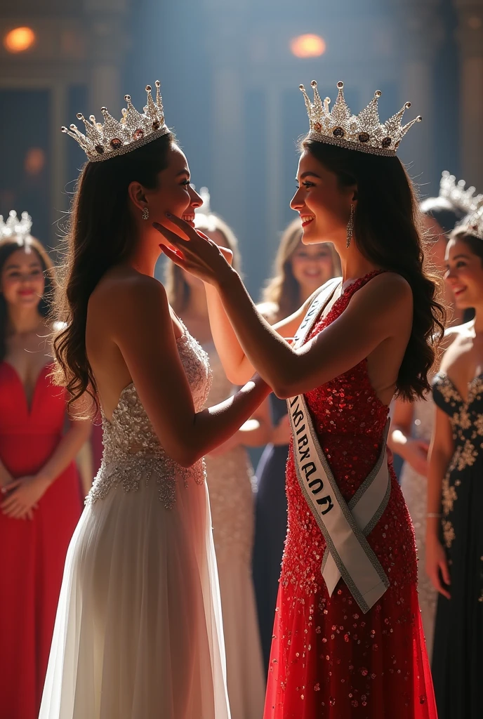 Crowning moment of miss Universe. Girl from behind crowning girl