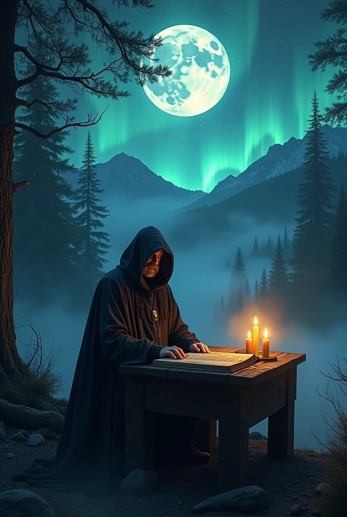 A wizard sitting on a table with his cloak over his head and good manly hands with an ancient book in front and in the background there is a dark forrest with mountains in distance and northern lights in the sky with stars and clear sky. His face should be covered by his cloak and there should be magical candles burning. There should be fog all around. NO FACE SHOULD BE VISIBLE. There should be a large moon in sky.