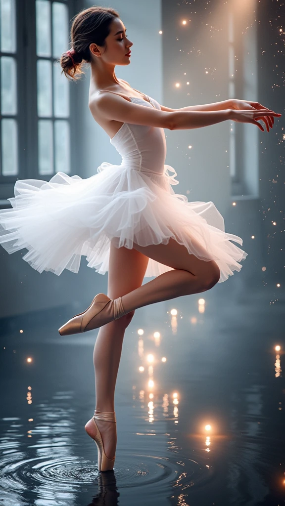 arafed woman in a white dress and ballet shoes posing for a picture, ballerina, pointe pose, ballet dancer, dressed as a ballerina, pointè pose, ballet style pose, ballet pose, tendu pose, ballet, prima ballerina, wearing a tutu, playful pose of a dancer, classic dancer striking a pose, portrait of a ballerina, anna nikonova, high quality, (RAW photo, best quality), (realistic, photorealistic: 1.4), (extremely delicate and beautiful: 1.4), amazing, fine details, masterpiece, ultra detailed, high resolution, best illustration, best shadow, intricate, ( extremely intricate: 1.2), (exquisitely detailed skin), cinematic light, perfect anatomy, (cool color: 1.4), sharp focus, 8k UHD, DSLR, (Fujifilm XT3),(iluminación cinematográfica :1.4), (partículas flotantes, agua mágica:1.4), (fondo agua lago río hielo congelado :1.4), (fondo colored glass background blue :1.4), (white smoke spiral in a black reflective waters:1.4),( Red Glitter), (SDS_Particle_Flow) ,