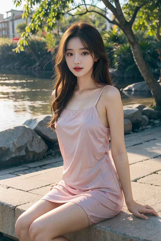 1 Girl,seaside,Soft Light,Chinese Beauty,Slip nightdress