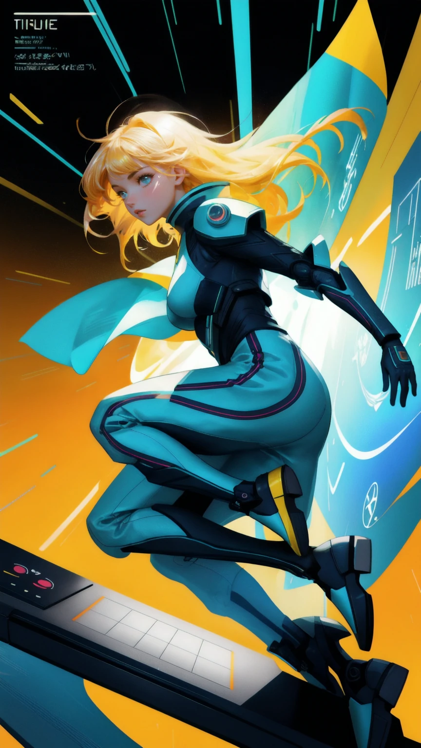 An image of a beautiful girl in a futuristic suit, dynamically jumping out of a sleek, glowing time travel machine. The scene embodies a time travel theme with vivid motion lines to convey movement and speed, set against a bright yellow background. The artwork has a promotional style, resembling the front cover of a new video game, board game, or album art, with a focus on dynamic composition and vibrant colors to capture the essence of time warping and adventure.