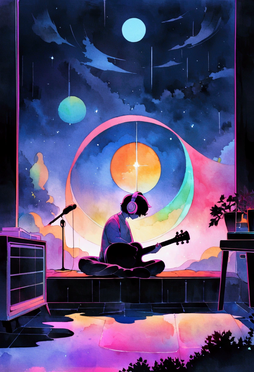 Hippie meditating in his room, continuing to dream, Put on your headphones, Night Light,play the guitar, Neon scenery on a rainy day, Simulates a color theme, Lo-fi hip hop , review, flat, 2.5 days ,Draw a line, 墨とWatercolor, Large slope, Watercolor, Gas Color, Bocaro style, Vibrant colors, Outer Ton, Krautlock, Lofi Art, 70s style,Old Texture, amplitude,Psychedelic atmosphere, masterpiece, Technically sophisticated,Simple Art