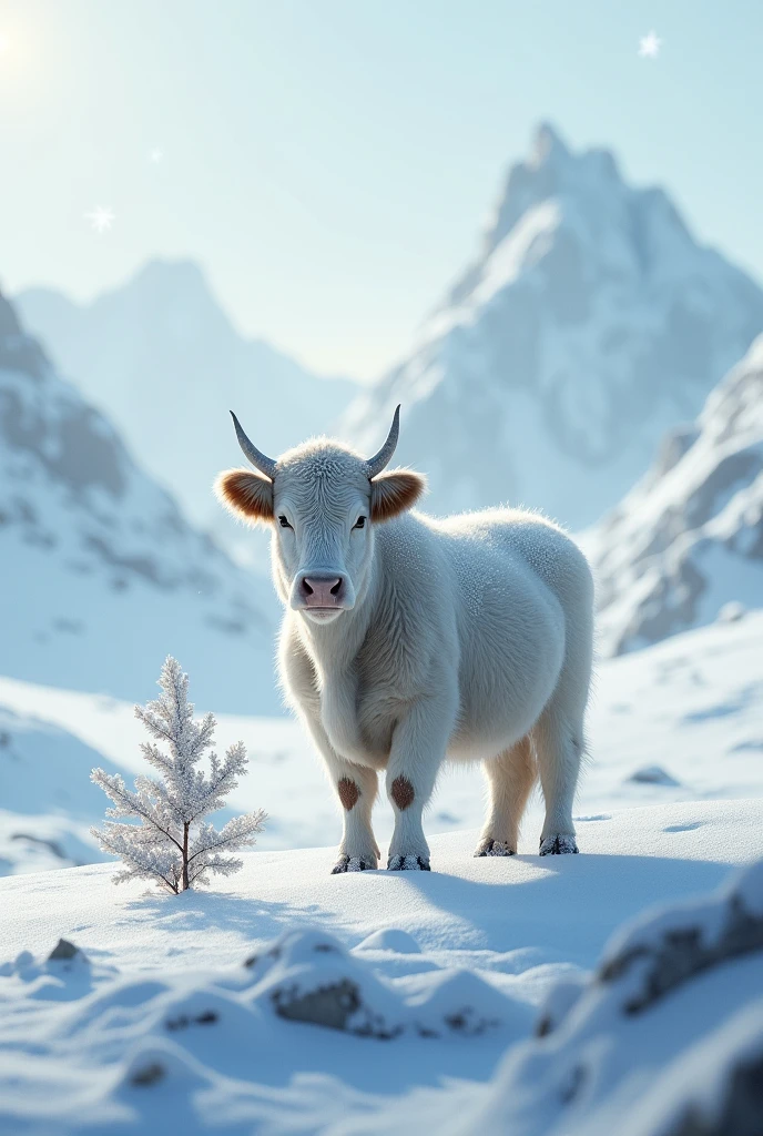 A cow standing in a ice land beside a plant 